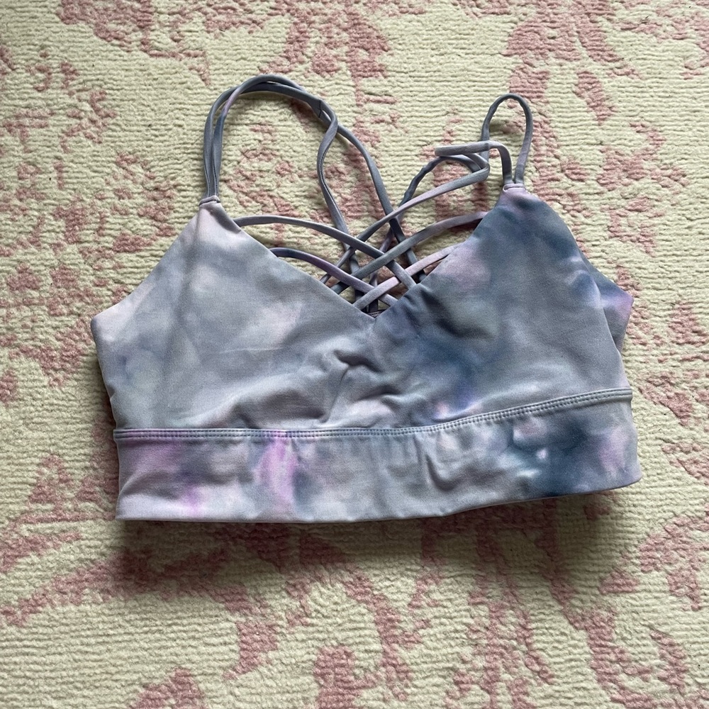 Athleta, tie-dye, purple and pink sports bra